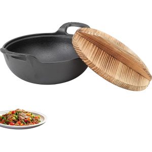 Jexnovashop-Wok Avec Couvercle, Sauteuse En Fonte &Agrave; 2 Poign&eacute;es, Couvercle En Bois, Po&ecirc;le, Pour Sauter, Cuisiner, Griller, Cuire &Agrave; La Vapeur 20 Cm - Neuf
