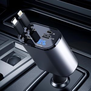 Tianyi-Chargeur Voiture R&eacute;tractable - 60w Rapide Chargeur T&eacute;l&eacute;phone Portable Pour Automobile Avec Iphone Et C&acirc;ble Type-C, Chargeur T&eacute;l&eacute;phone Voiture Compatible Avec Iphone/Galaxy/Pixel/Google/Huawei - Neuf