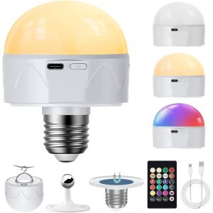 Kal-Ampoule Rechargeable Usb-C Avec Telecommande, E27 5w Led Ampoules Batterie De 2800mah Tactile Dimmable Avec 9 Couleurs Rvb + 3 Températures De Couleur (3000k-4000k-6000k) - Neuf
