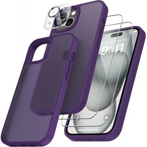 4 En 1 Coque Pour Iphone 15 Avec 2 Verre Trempé Et 1 Caméra Protecteur, [Coussin D'air Intégré] Antichoc Antirayures Bumper Protection Housse Pour Iphone 15 6.1"", Violet Foncé - Neuf