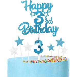 Sjzg-Ensemble De Bougies Pour G&acirc;teau D'anniversaire &laquo; Happy 3rd Birthday &raquo; - Bougie Bleue Num&eacute;ro 3 Pour G&acirc;teau - Bougies D'anniversaire Pour Filles Et Gar&ccedil;ons - D&eacute;corations D'anniversaire - &Eacute;toile - Neuf