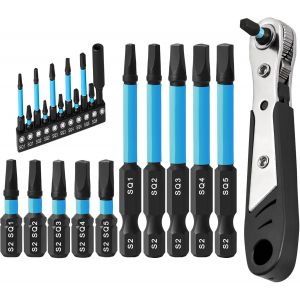 KAL-Lot De 10 Embouts De Vissage Carr&eacute;s 25 Mm + 60 Mm, Embouts De Tournevis Carr&eacute;s Sq1, Sq2, Sq3, Sq4, Sq5 En Acier Avec Cliquet - Neuf