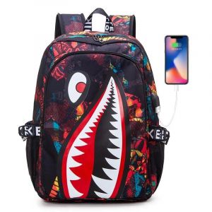 Cartable primaire avec imprim&eacute; requin de dessin anim&eacute;,sac &agrave; dos de voyage,cartable pour &eacute;tudiant d'&eacute;cole primaire,Mochila,Gris fonc&eacute; - Neuf