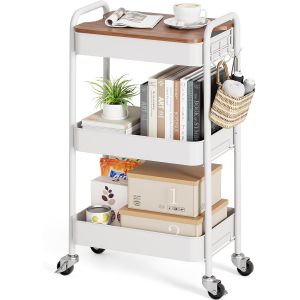 Ulteronixshop-KINGRACK Chariot de rangement &agrave; roulettes &agrave; 3 niveaux avec dessus de table, chariot utilitaire en m&eacute;tal sur roulettes, organiseur utilitaire avec plateau en bois, roulettes verrouillabl - Neuf