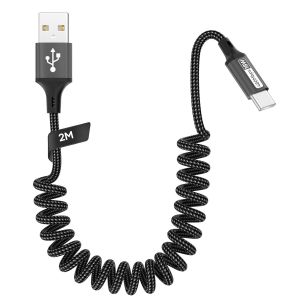 KALANKA-C&acirc;ble USB C Spiral&eacute;, &iquest;0.5M-1.2M&iquest;C&acirc;ble USB C Charge Rapide R&eacute;tractable pour Carplay, Android Auto Cable Type C Compatible avec iPhone 17, 16, 15, iPad, Samsung Galaxy, Google Pixel, Xiaomi-Noi - Neuf