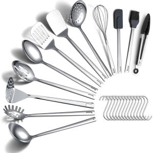 Mevronisshop-Ensemble D&iquest;Ustensiles De Cuisine En Acier Inoxydable 26 Pi&egrave;ces, Ensemble De Spatules En M&eacute;tal, Ustensiles De Cuisine Durables Polis Miroir Pour Toutes Les T&acirc;ches De Cuisson - Neuf