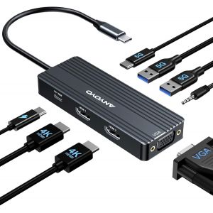 Station d'accueil USB C, double &eacute;cran, triple &eacute;cran USB C, 8 en 1, avec 2 ports HDMI 4 K et VGA, PD 100 W, audio, 3 adaptateurs USB A/C 3.0, compatible avec Windows, MacBook, Dell, HP - Neuf