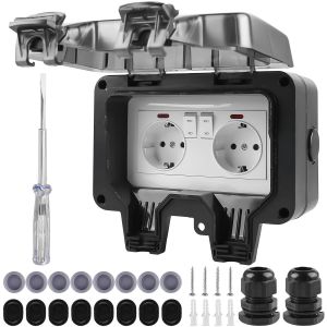 Prise Ext&eacute;rieure &Eacute;tanche Ip66 - Double Prise Ext&eacute;rieure &Eacute;tanche Avec Couvercle &Agrave; Rabat Verrouillable - Prise D'Ext&eacute;rieur Pour Ext&eacute;rieur, Balcon, Jardin, Salle De Bain, Parking - Neuf