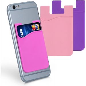 3X Porte-Carte Adh&eacute;sif Pour T&eacute;l&eacute;phone - Pochette Autocollante Silicone Pour Smartphone - Format Carte Bleue - Rose Clair-Fuchsia-Violet[POP945432] - Neuf