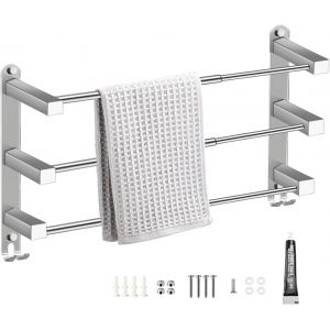 Porte-Serviettes Mural de Salle de Bain Porte Serviette en Acier Inoxydable Rétractable 3 Barres 43-75cm Support Serviette Murale avec Crochets-2 Méthodes d'Installation - Neuf