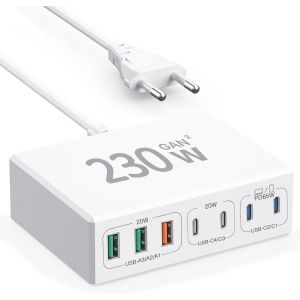 Kalcx-Chargeur Usb C 230w Charge Rapide 7 Port Prise Chargeur C Et Usb A Compatible Avec Macbook/Iphone 12/13/14/15/Samsung S24/S23/S22/Google/Tablettes Et Téléphones (Blanc) - Neuf