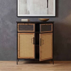 Commode de pharmacien HWC-O79, armoire haute avec compartiments de rangement, look vintage shabby 94x80x35cm, aspect rotin - Neuf