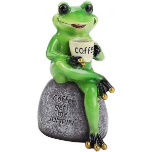 Statue de grenouille de jardin,Grenouille buvant du café Sculpture,Décoration artisanale en résine,Miniature intérieure extérieure - Neuf