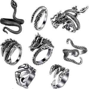 8 Pièces Vintage Punk Anneaux Octopus Dragon Snake Bague Ajustable - Neuf