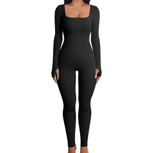 Combinaison Femme Manches Longues Côtes Sans Couture Cou Carré Yoga Sports Combinaison Noir - Neuf