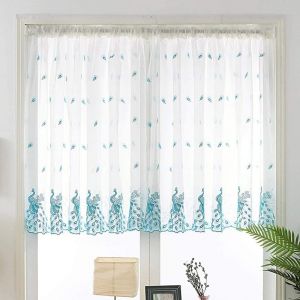 Lot de 2 rideaux brodés paon en dentelle, style moderne, courts, pour fenêtre, décoration de maison, baie vitrée, chambre à coucher, bleu, 150 x 120 cm - Neuf