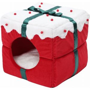 Kattenbed - Schattig Vierkant Kerstkattenhuis - 40&times;40&times;38cm - Wordt Geleverd Met Een Balspeeltje - Afneembaar En Wasbaar - Winterwarm Kattenappartement - Tent Cat House - Neuf