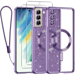 Sjzg-Glitter Magn&eacute;tique Pour Samsung Galaxy S21 Fe 5g Con Cordon, [Compatible Avec Magsafe] Antichoc Brillant Paillet&eacute; Souple Couqe Pour Samsung S21 Fe Avec 2 Pi&egrave;ces Verre Tremp&eacute; &Eacute;tui, Violet - Neuf