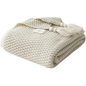 Ulteronixshop-Couverture tricot&eacute;e pour canap&eacute;, lit, Chaise, Respirante, d&eacute;coration d'int&eacute;rieur, Boh&ecirc;me, &eacute;paisse, Couvre-lit d&eacute;coratif, l&eacute;g&egrave;re, Confortable, Douce, Toutes Saisons, Beige 130 x 170 cm - Neuf