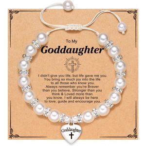Kal-Bracelet Pour Fille Tressé Avec Perles : Bracelet De Perles Réglable Cadeau De Baptême Avec Croix De Goddaughter Imprimé C?ur Pendentif Religieux Baptême Anniversaire Cadeau Pour Fille - Neuf