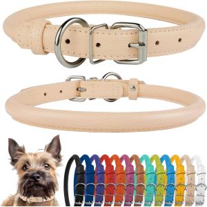 Collier De Chien En Cuir Roul&eacute;, Collier De Chiot Rond Rembourr&eacute; Doux, Collier En Cuir V&eacute;ritable Fait &Agrave; La Main Pour Petit Grand Collier De Chat 13 Couleurs (15-18 Cm, Jaune Textur&eacute;) - Neuf