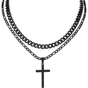 Kal-Necklace Men's Cross Necklace Punk Double Necklace With Cross Pendant Stainless Steel Necklace For Men Ladies - Neuf
