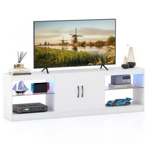 COSTWAY 65" Meuble TV LED avec 16 Couleurs, 2 Portes Magn&eacute;tique, 4 Compartiments Ouverts, pour Salon, Chambre, Blanc - Neuf