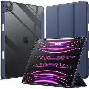 Coque pour iPad Pro 12.9 Pouces (2022/2021/2020/2018) avec Porte-Pencil, &Eacute;tui Housse Arri&egrave;re Transparent Fin Support Antichoc Tablette (Bleu Marine) - Neuf