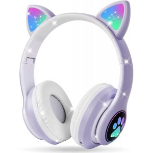 KALANKA-Casque Audio Bluetooth sans Fil pour Enfants avec Microphone HD/Lumi&egrave;res LED, Volume Limit&eacute; 105dB, Son St&eacute;r&eacute;o pour Smartphone, Pad, Tablet, Kindle (Violet) - Neuf