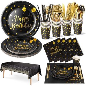 Letnerny-161pcs Noir Or Anniversaire Party Vaisselle,Kit Vaisselles Anniversaire Assiette Dîner Papier Tasse Serviette, Enfants Party Fête Mariages Baby Shower Noël, 20 Invités - Neuf