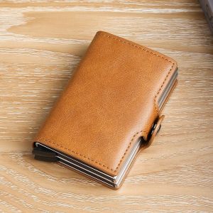 Porte-cartes double couche, porte-cartes de crédit pour homme, pochette avant antivol, RFID, ouverture automatique (marron) - Neuf