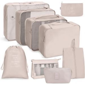 nzqaf-Organisateur de Voyage, Lot de 9 Organiseurs de Bagage pour Voyage,Différents Tailles des Cubes Étanche Sacs de Voyage Rangement (Beige) - Neuf