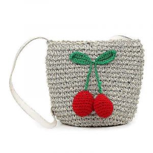 Sac bandouli&egrave;re femme en paille, motif cerises, fait main, en rotin tress&eacute;, style plage. - Neuf