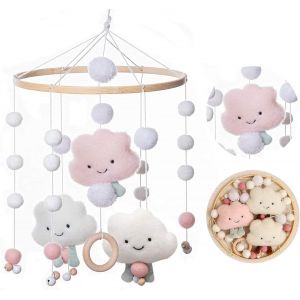 ERYI-Mobile Bébé Grand Nuages Carillons Boule De Feutre Nuages Mobile Chambre Bébé Bois Crocheté Mobile Bébé Garçon Fille Cloche De Lit Pendentif Lit Bébé Table À Langer Déco Clouds Mobile - Neuf