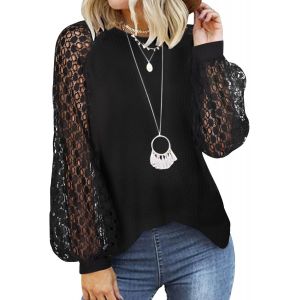 Utigh-Chemisier Femme T-Shirts Manches Longues Gaufrette Waffle Tunique Dentelle Pull Chic Col Rond Blouse Élégant Pullover Casual Tops - Neuf