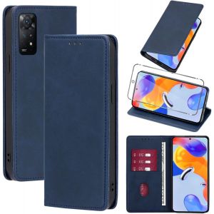 Kalanka-Coque Cuir Pour Xiaomi 11t/Xiaomi 11t Pro 5g 6.67"" Avec 1 Verre Tremp&eacute; Etui &Agrave; Rabat En Pu Porte-Cartes Portefeuille Support Flip Housse Magn&eacute;tique Antichoc Anti-Rayures Case,Bleu - Neuf