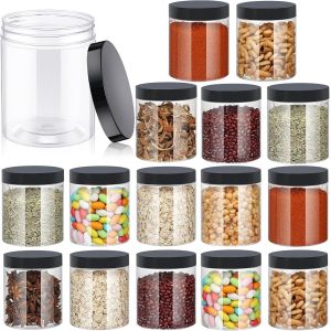 Mevronisshop-Lot De 16 Bocaux Rangement Cuisine 500 Ml Bocal Rangement Cuisine Avec Couvercle En Plastique Noire Transparent Avec Couvercles &Agrave; Vis Bocaux De Rangement Ronds Pour &Eacute;pice, Caf&eacute;, C&eacute;r&eacute;ales - Neuf