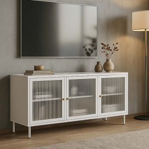 Meuble TV HWC-O87, meuble TV bas, buffet, portes, compartiments de rangement, style industriel, m&eacute;tal, verre cannage, 58 x 120 x 40 cmblanc - Neuf