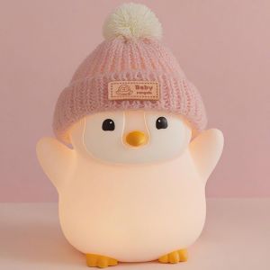 Veilleuse B&eacute;b&eacute; Et Veilleuse Enfant En Silicone - Mignon Pingouin Rose Avec Chapeau Tricot&eacute;, Lampe Douce Pour Chambre, Rechargeable, Intensit&eacute; Variable, Lumi&egrave;re Apaisante Led - Neuf