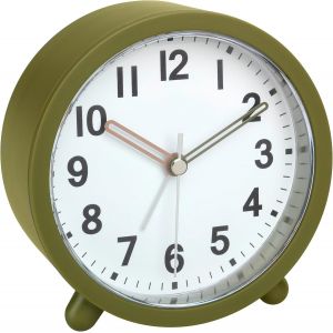 R&eacute;veil Analogique &Agrave; Pile, 60.1043.04, Avec Horloge &Agrave; Quartz, Sans Tic-Tac, Pour Chambre/Salon/Cuisine, Avec Fonction Snooze, R&eacute;tro-&Eacute;clairage Inclus, Vert Olive - Neuf