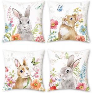 Cauc-Housse De Coussin Lapin 45 X 45 Cm Gris Marron Lapins Fleurs D&eacute;coratif Taie D'oreiller Pour Canap&eacute; Chambre Maison Jardin D&eacute;coration 4 Pi&egrave;ces - Neuf
