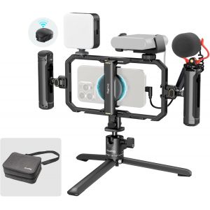 MEVRONISSHOP-Kit de Montage Vid&eacute;o Universel Tout-en-Un pour T&eacute;l&eacute;phone avec &Eacute;clairage LED/Microphone/Tr&eacute;pied/Deux Poign&eacute;es/Support de Batterie Externe, pour Vlogging et Diffusion en Direct - 4704 - Neuf