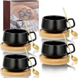 Lot De 4 Tasses À Cappuccino Avec Soucoupe,320ml Ensemble Tasses À Expresso En Grès,Set De Tasses Et Soucoupes,Tasses À Café Avec Disque En Bois Pour Café,Cappuccino,Thé(Noir Mat) - Neuf