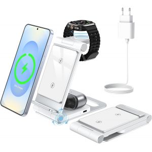 JGD-Chargeur Induction 3 en 1 pour Samsung S25 FE Ultra Plus S24 S23 S22 Z Flip Z Fold 7 6 5 4 3 Pliable Rapide Sans Fil pour Galaxy Watch 8/Classic/Ultra/7/6/5/Pro/4/3, Station de Charge pour Galaxy - Neuf