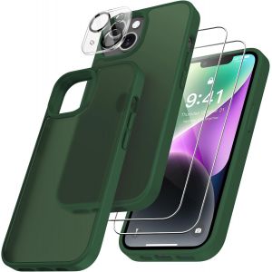 Kal-4 En 1 Coque Pour Iphone 14 Avec 2 Verre Trempé Et 1 Caméra Protecteur, [Coussin D'air Intégré] Antichoc Antirayures Bumper Protection Housse Pour Iphone 14 6.1"", Vert Foncé - Neuf