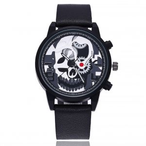 Montre A Quartz Vansvar Pour Homme, Cadran Rond, En Cuir Synthetique, Motif Tete De Mort Creuse, Noire - Neuf