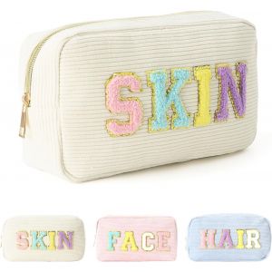 KALANKA-Pochette Maquillage, Trousse de Toilette, Petite Trousse Maquillage Velours Côtelé Lumière Doux pour Femme, 25,5 * 7 * 14,5cm Portable Trousse Maquillage Voyage Date Party Voyage (Beige) - Neuf