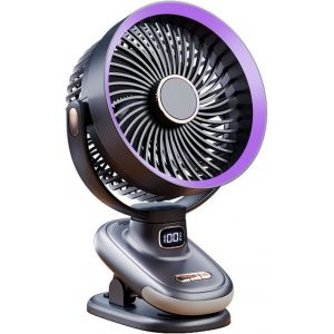Mini Ventilateur De Table À Clip, Portable, Usb, Avec Affichage Led Et Lumière, 5 Vitesses, Rotation À 360°, Rechargeable De 3600 Mah, Pour La Maison, Le Bureau, Le Camping (Gris)[VEN750810] - Neuf