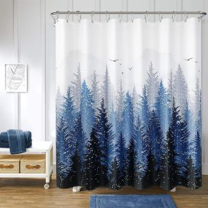 Rideau de douche en polyester imperméable et résistant, motif forêt brumeuse bleue et arbre naturel, bleu marine et blanc, 150 x 180 cm - Neuf