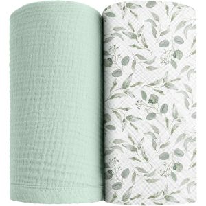 Tianyi-Musselin Couverture D'emmaillotage Pour B&eacute;b&eacute; 2 Pack Baby Decke 120x120cm Doux Respirant Swaddling Wrap Pour Unisexe Nouveau-N&eacute; Gar&ccedil;on Fille (Feuilles Vertes) - Neuf